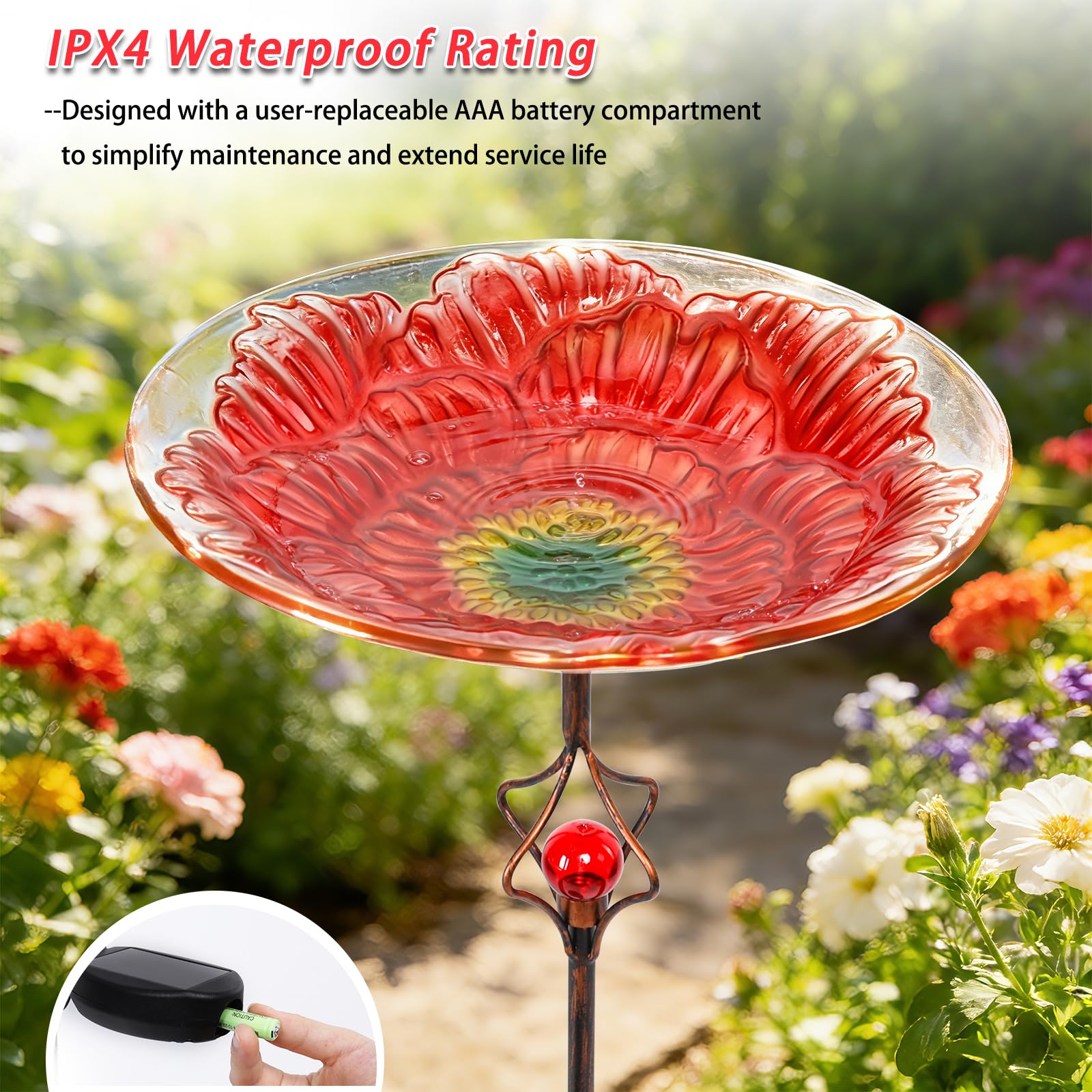 MUMTOP installed on patio among flowers creating decorative lighting and bird attraction
