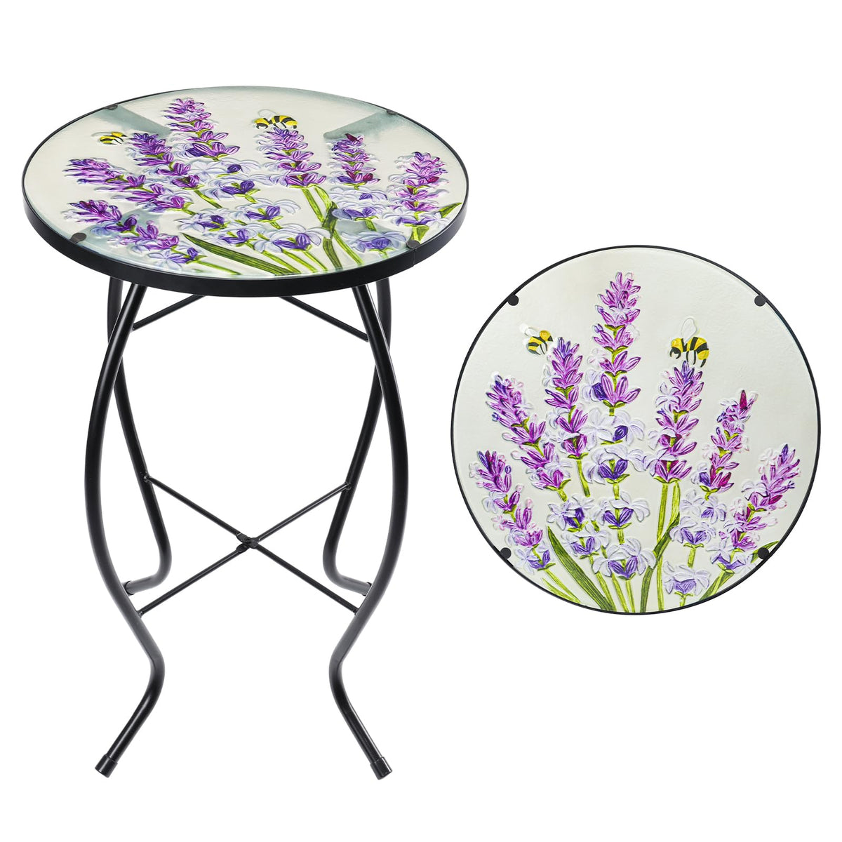 MUMTOP front view lavender glass top showing decorative pattern and stability