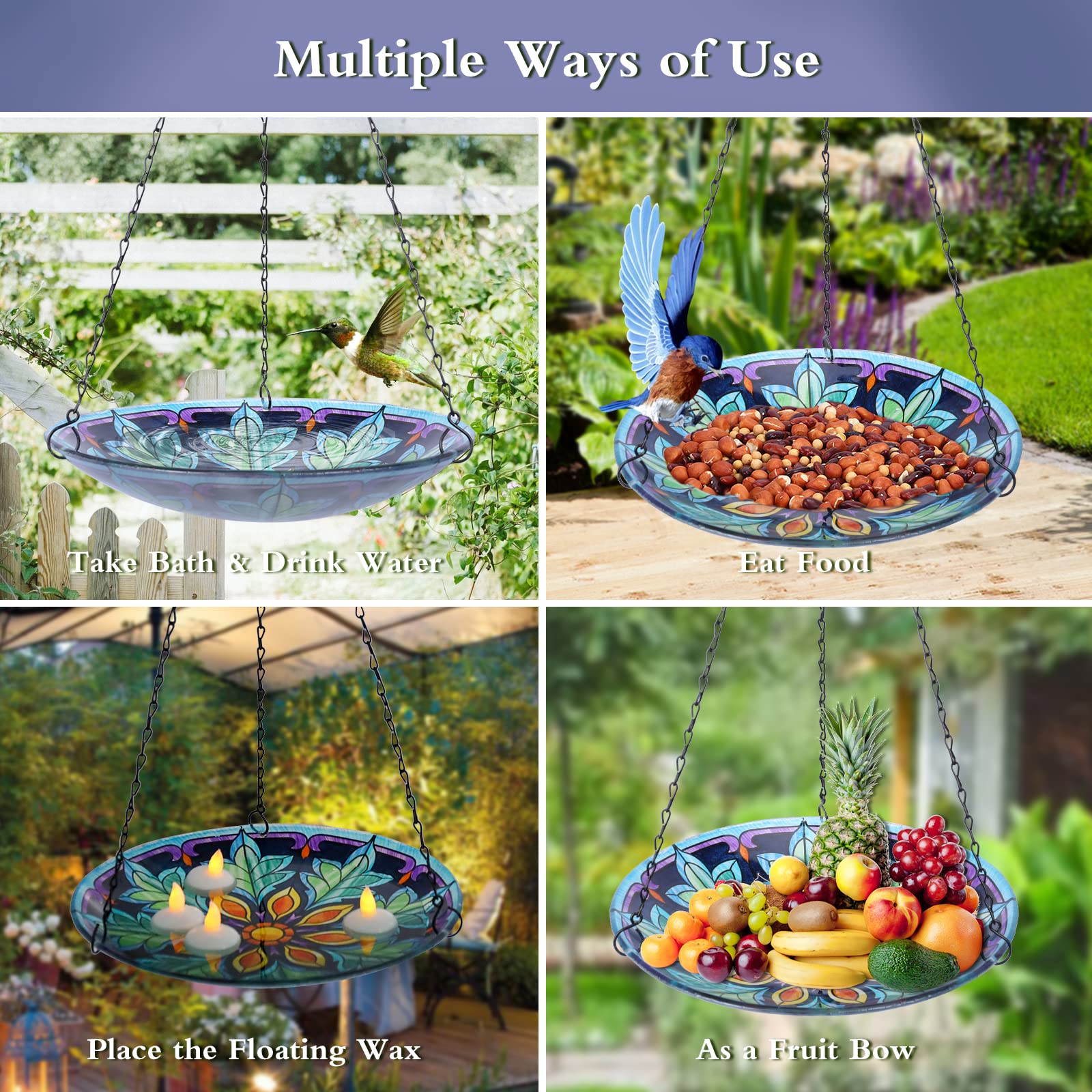 MUMTOP hanging bird bath in garden setting adding color and habitat benefit
