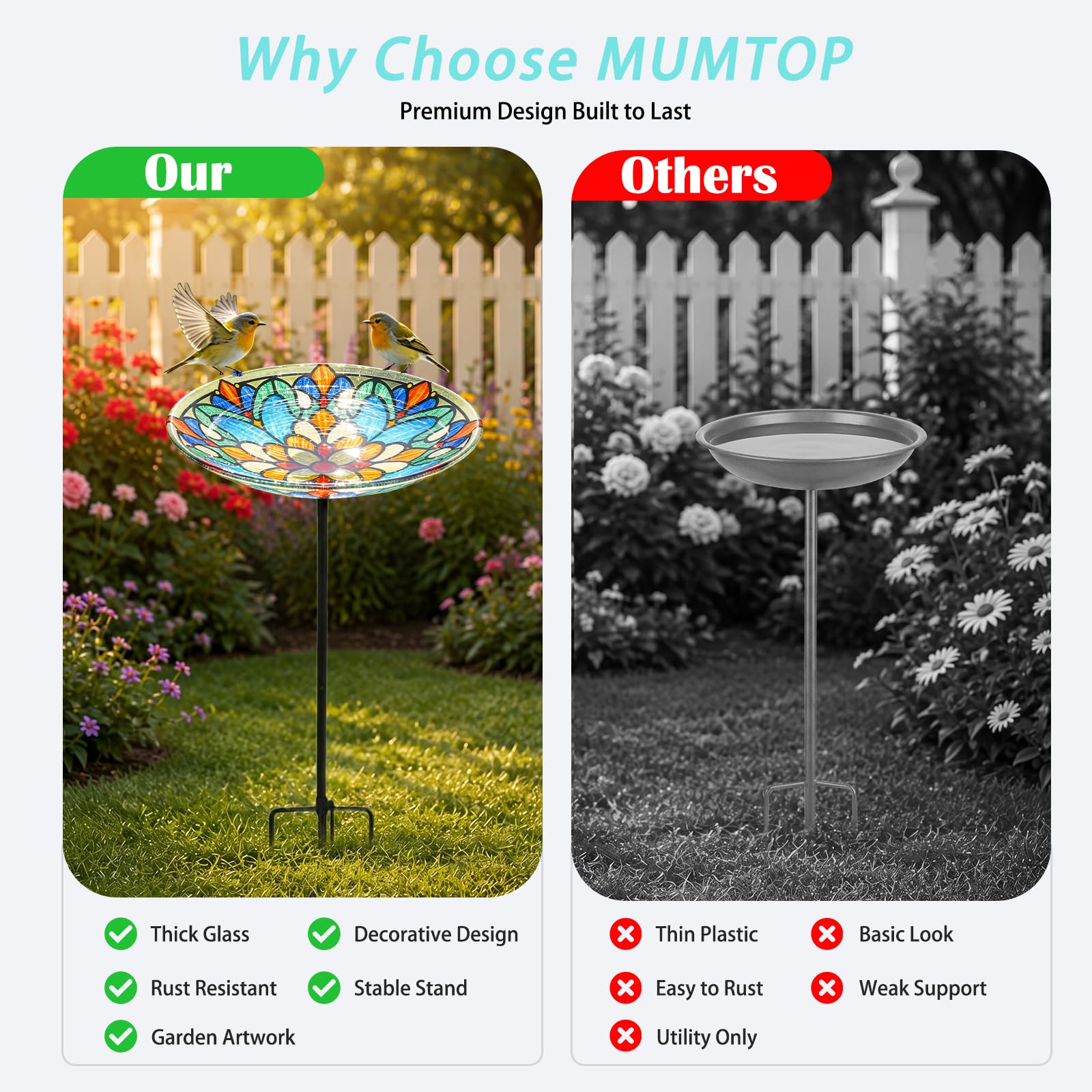 MUMTOP bird bath on patio with plants showing decorative enhancement and outdoor beauty