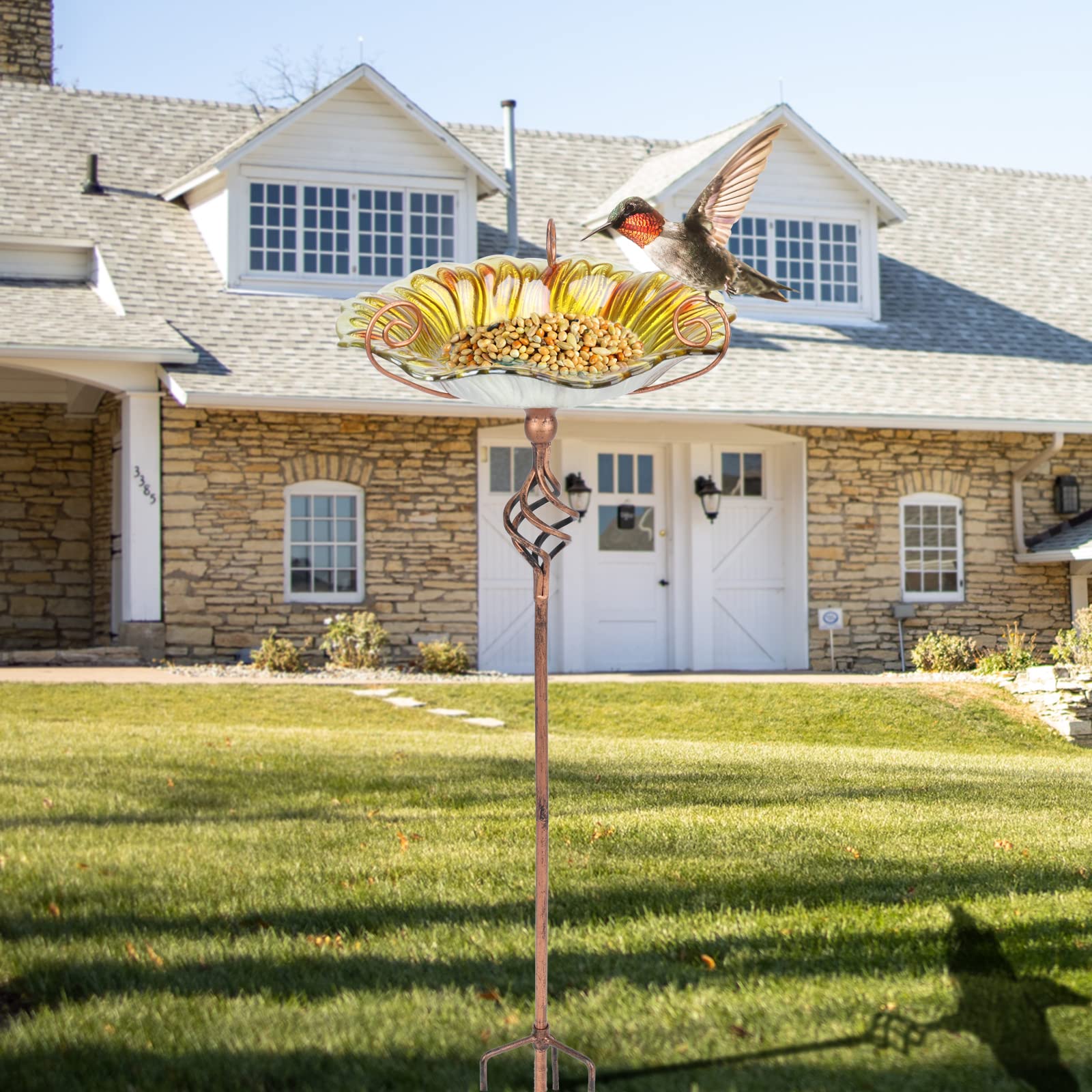 MUMTOP birdbath displayed on a patio adding color and attracting birds