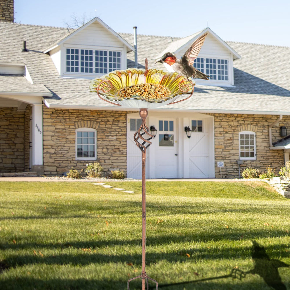 MUMTOP birdbath displayed on a patio adding color and attracting birds