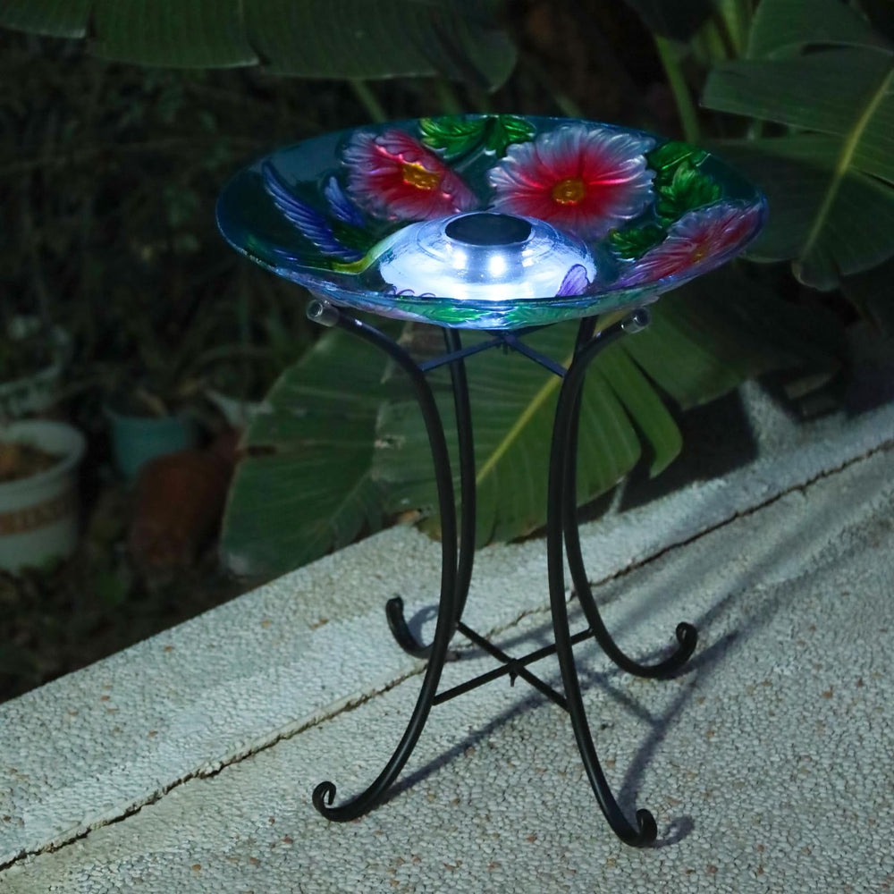 MUMTOP bird bath glowing on patio at night creating ambient light and evening appeal