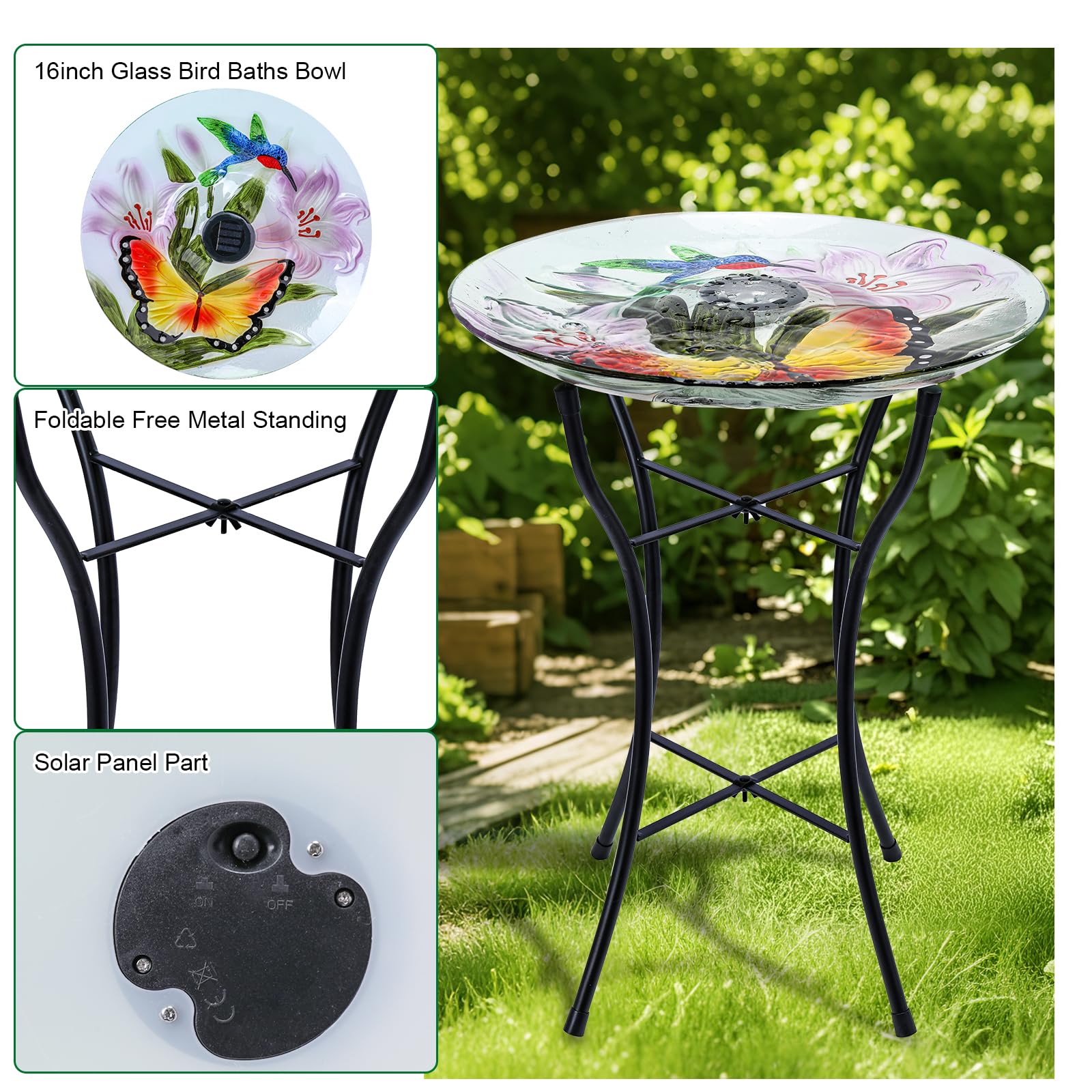 MUMTOP bird bath glowing at night with soft LEDs, creates ambient evening atmosphere