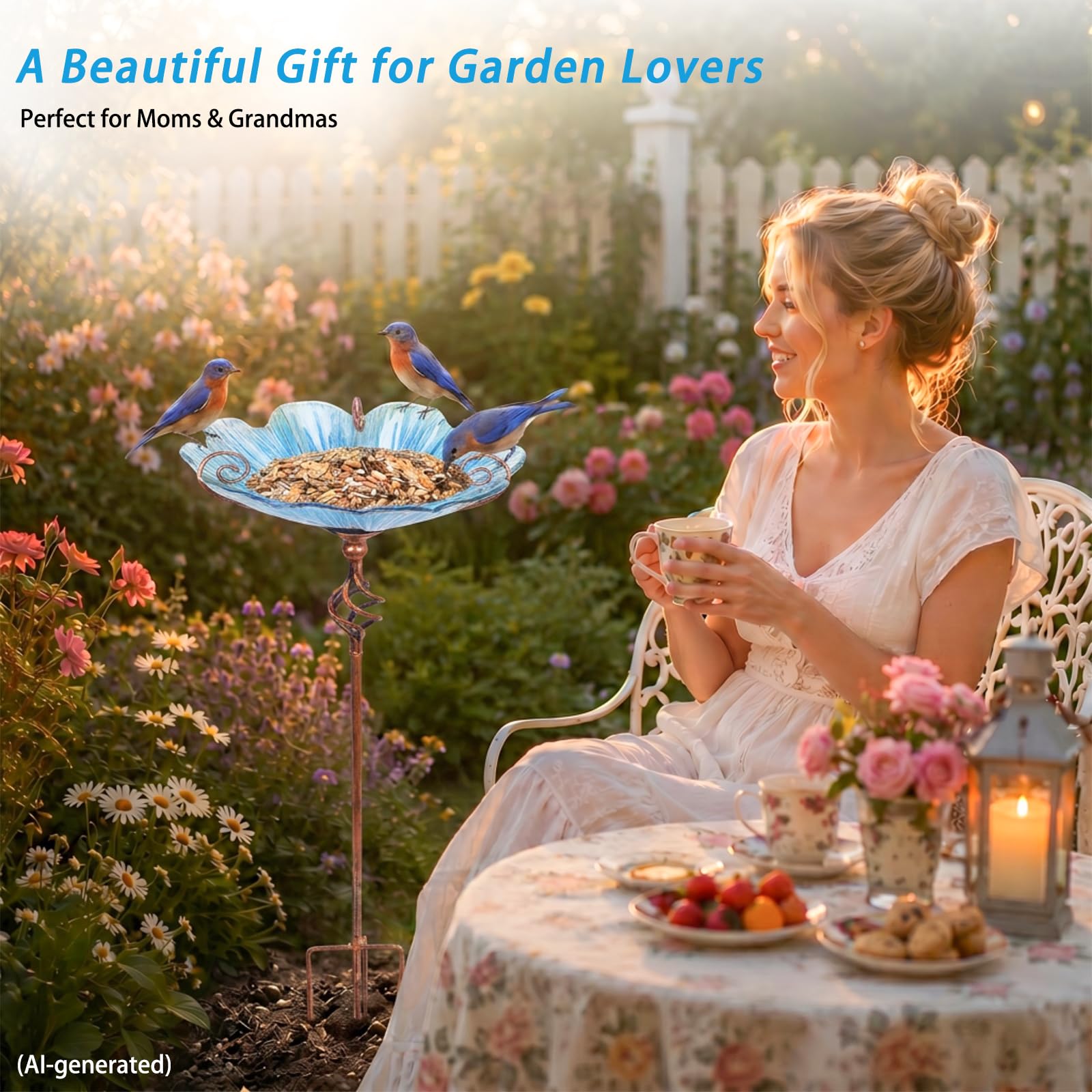 MUMTOP birdbath in patio setting adding color and bird attraction