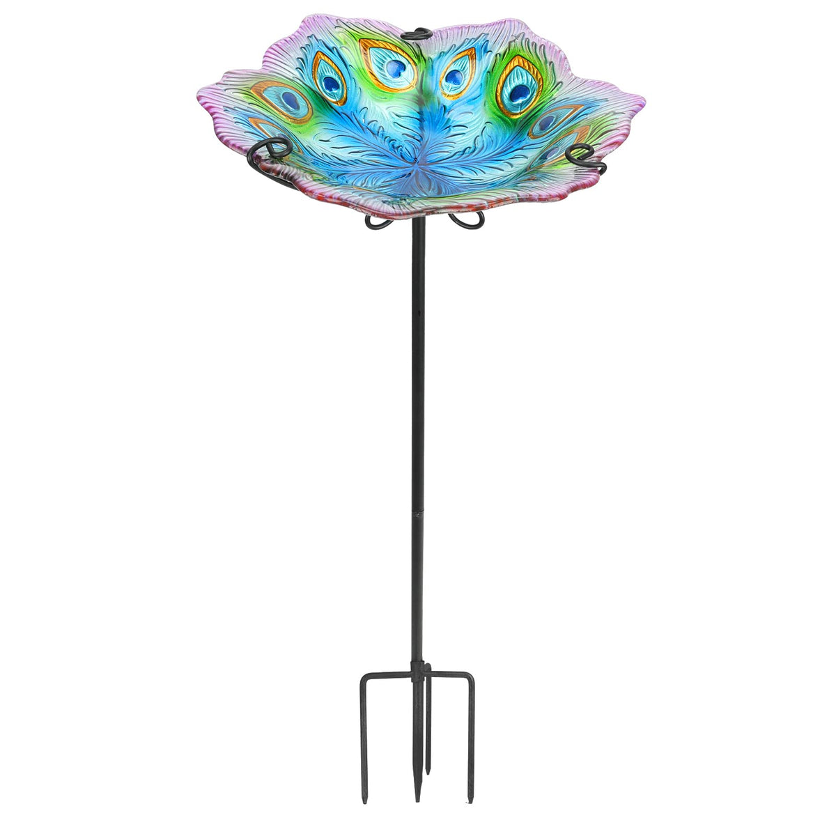 MUMTOP peacock birdbath front view showing decorative bowl and stake benefit visual garden appeal