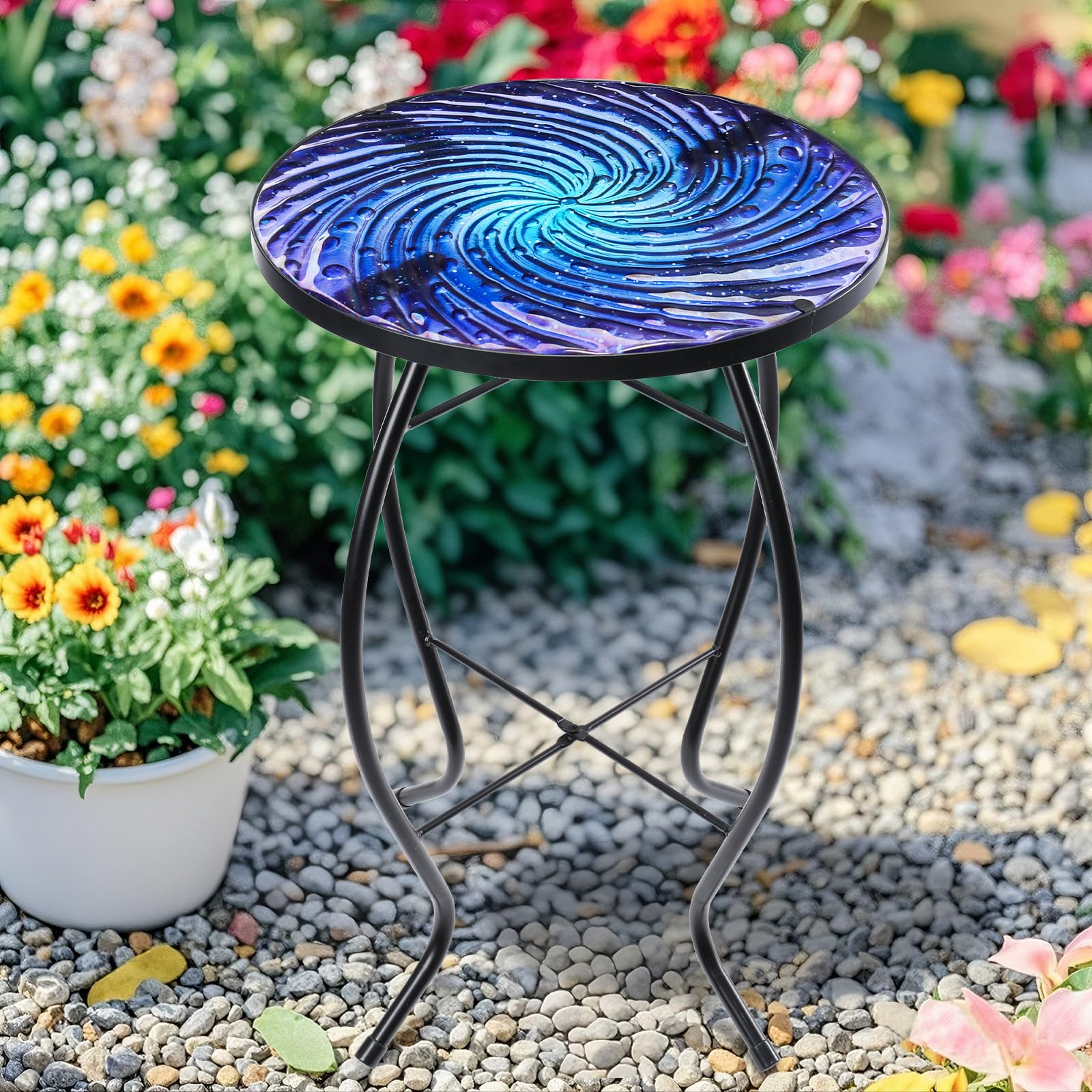 MUMTOP next to patio chair for size comparison showing space-saving benefit