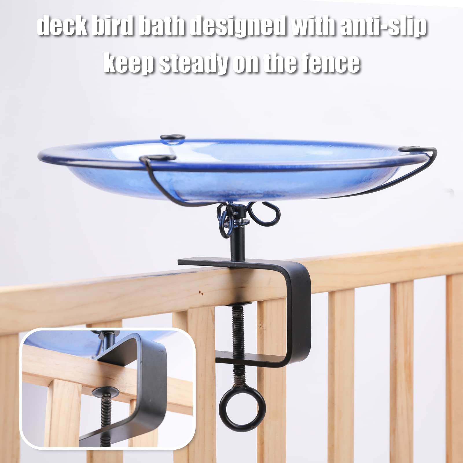 MUMTOP bird bath on railing with hand for scale showing compact footprint