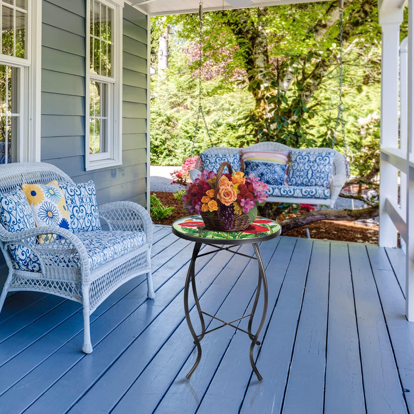 MUMTOP next to outdoor chair to show scale, fits compact seating areas