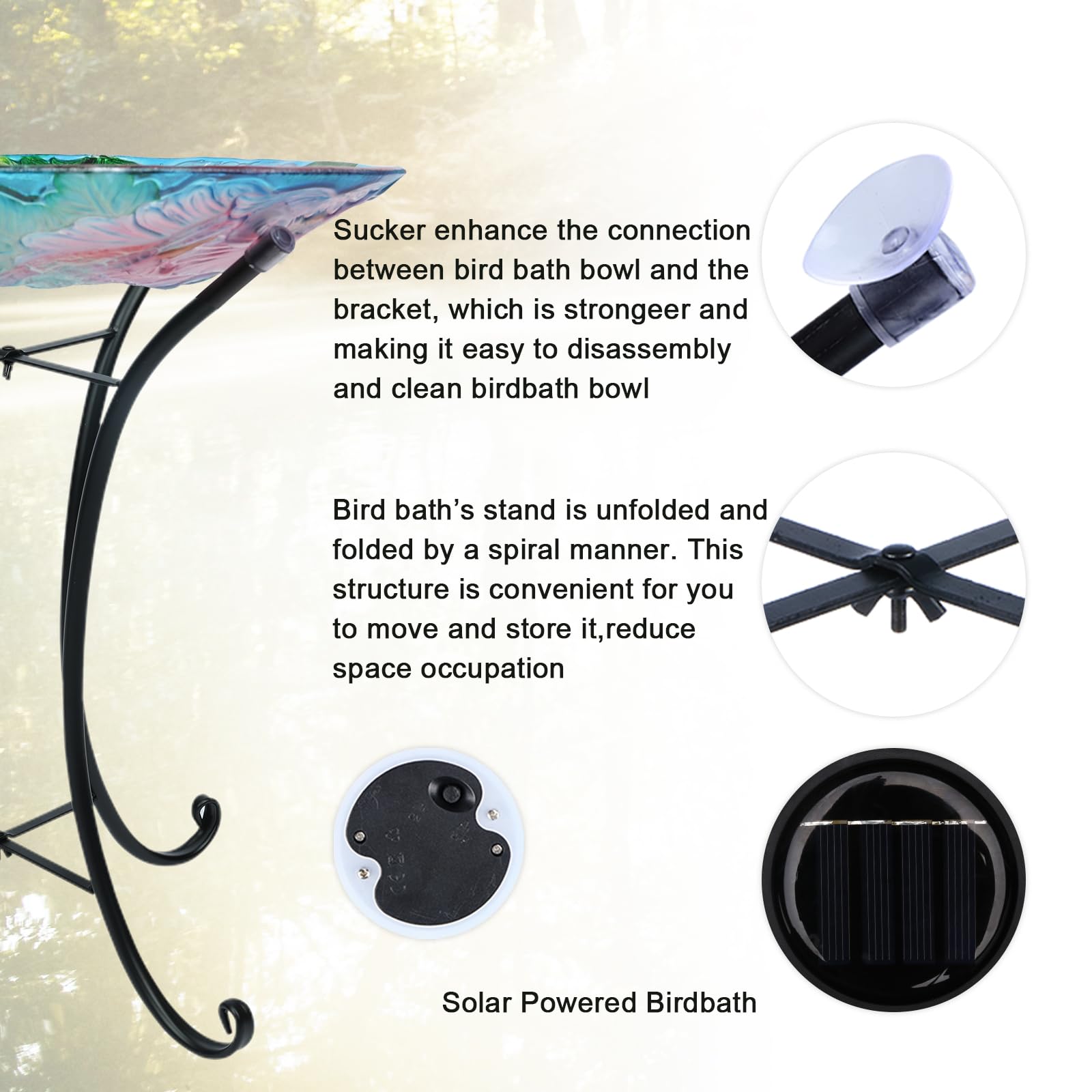 MUMTOP bird bath next to garden tools showing size and scale for patio or lawn placement
