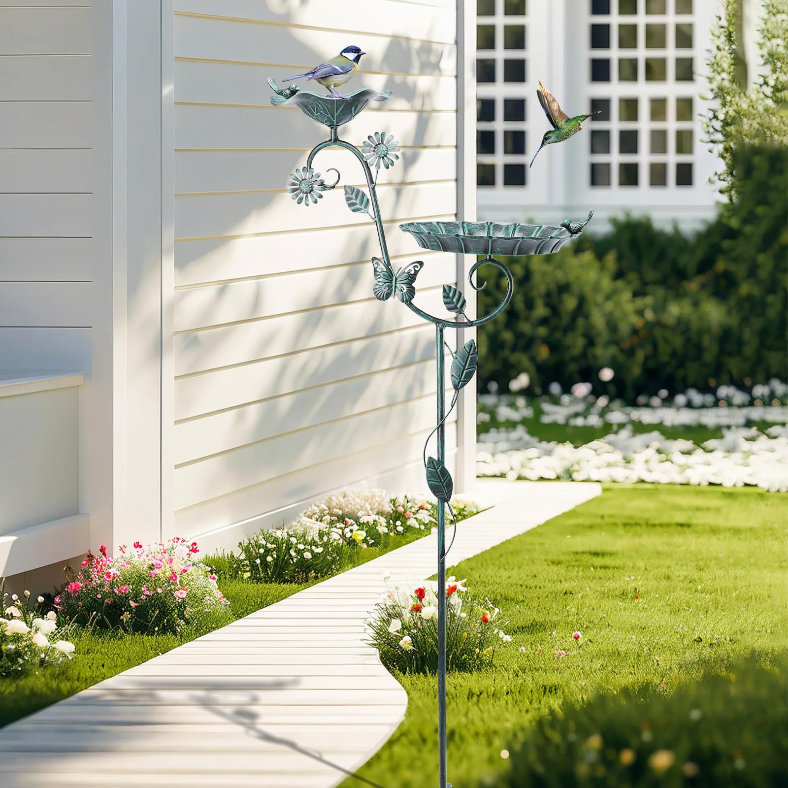 MUMTOP reinforced four-prong stake anchored in lawn for stable outdoor positioning benefit