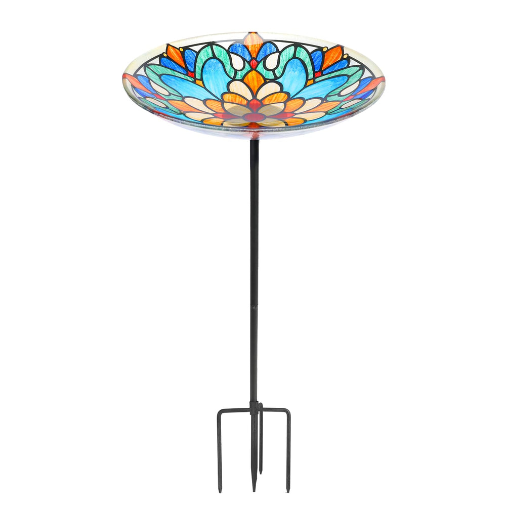 MUMTOP front view of Tiffany glass bird bath showing decorative appeal and invitation to birds