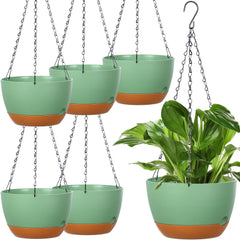 Mumufy front view of six green hanging planters showing matched set and neat appearance