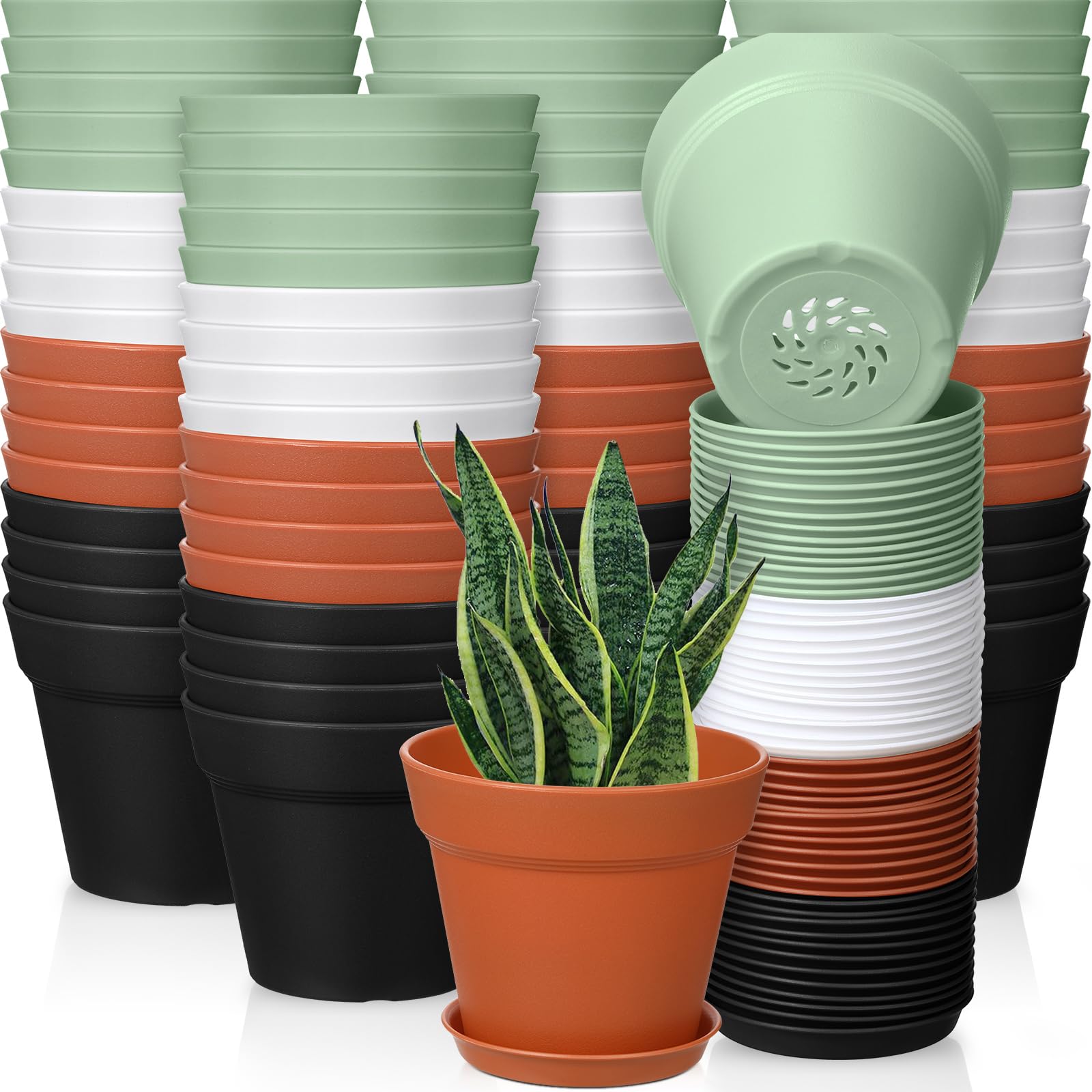 Mumufy front view showing full 54-pack of small plastic pots and saucers, easy bulk gardening