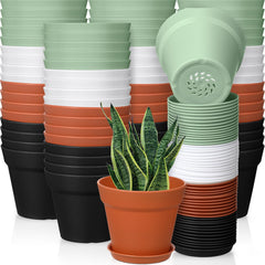 Mumufy front view showing full 54-pack of small plastic pots and saucers, easy bulk gardening
