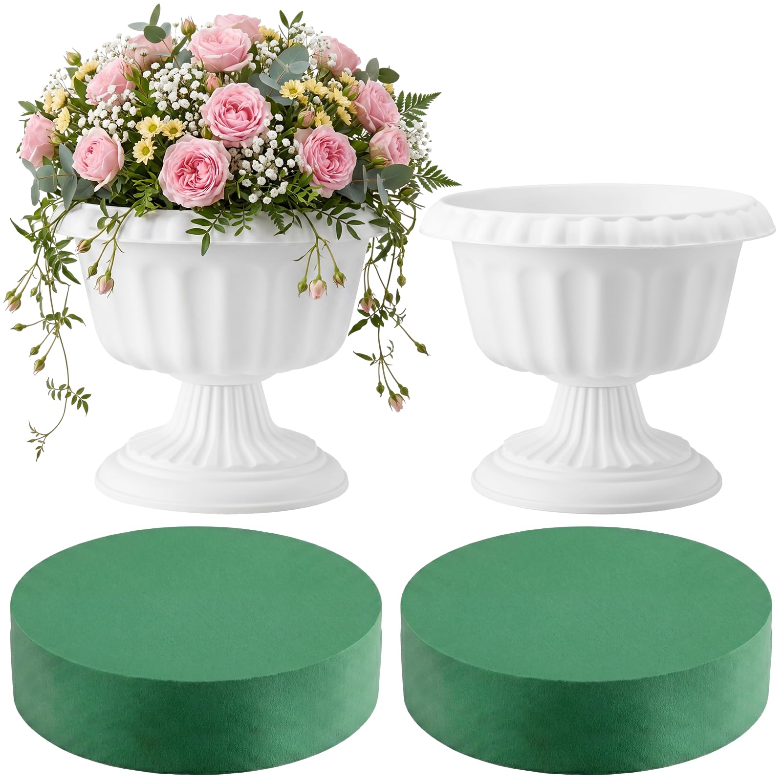 Mumufy front view of two white Roman urns showing vintage elegance and durable finish