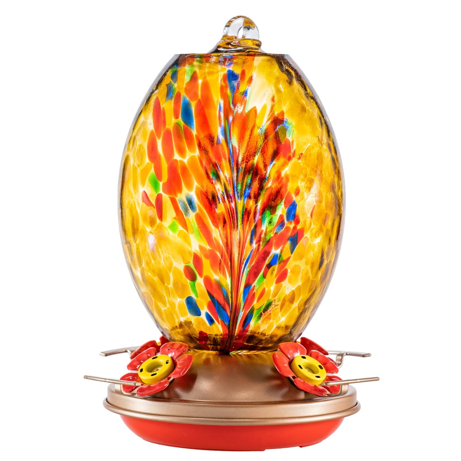 Muse Garden feeder front view showing amber fireworks glass and perches, decorative appeal
