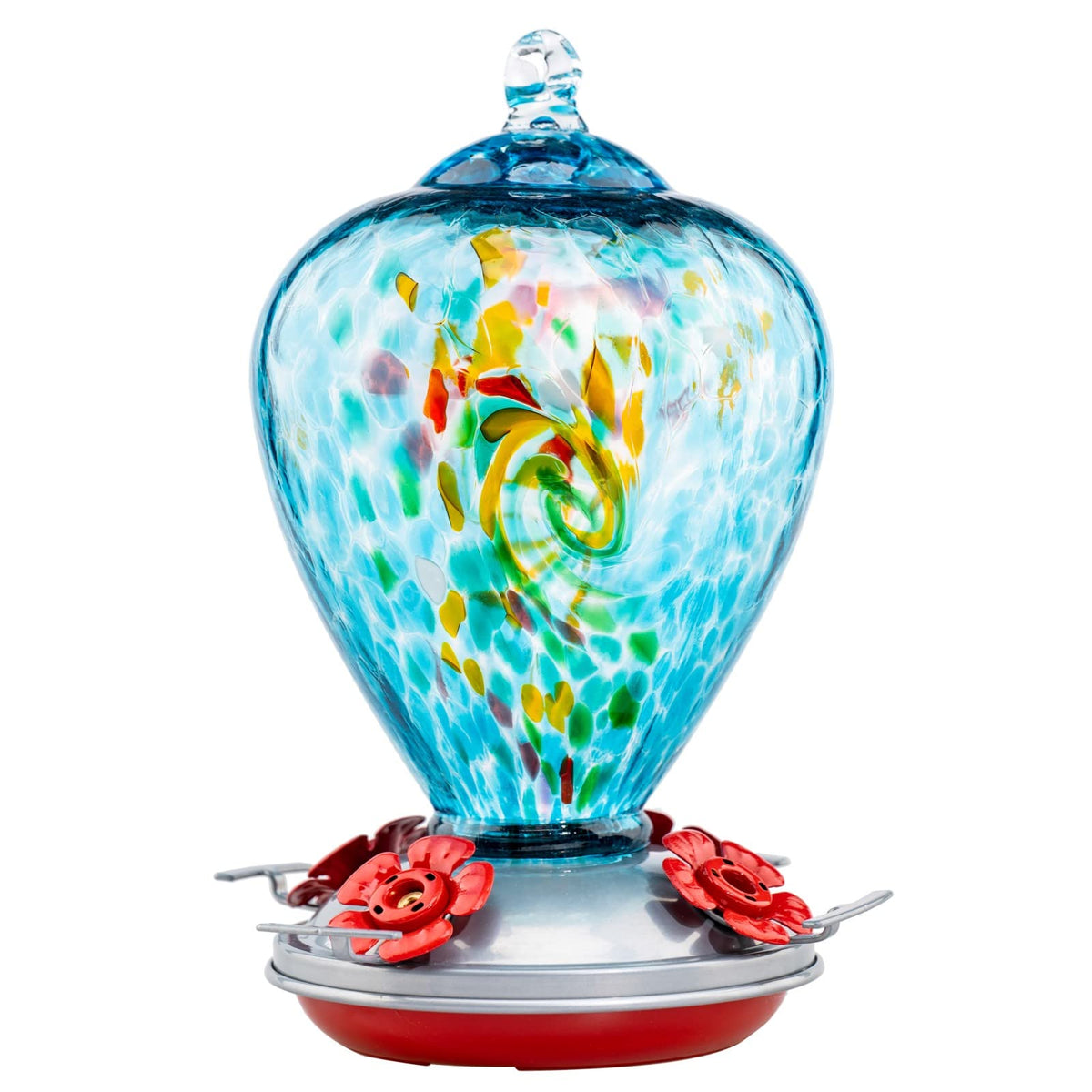 Muse Garden front view of hanging feeder showing blue glass attracting birds