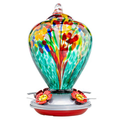 Muse Garden feeder front view showing turquoise fireworks finish and visual appeal