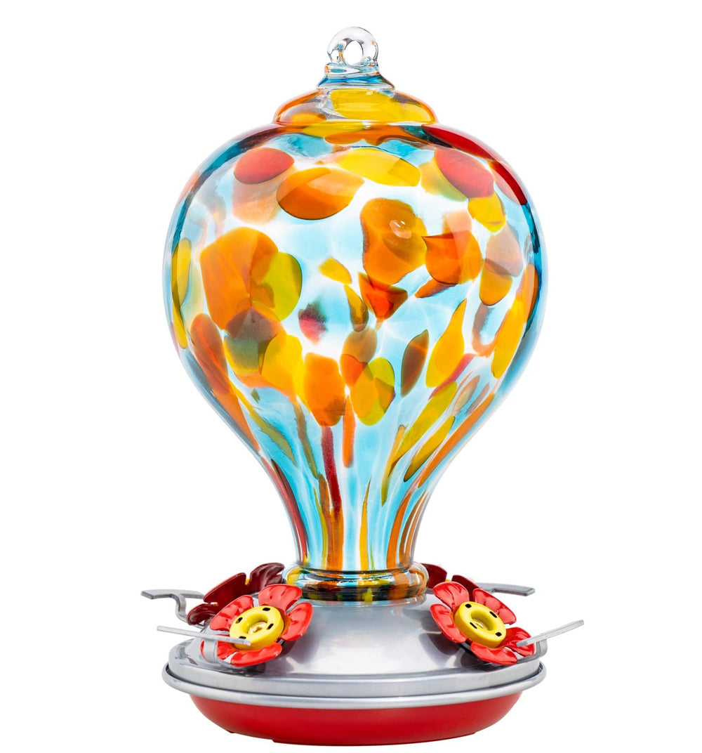 Muse Garden front view showing 32oz blown glass feeder and vibrant colors for attraction