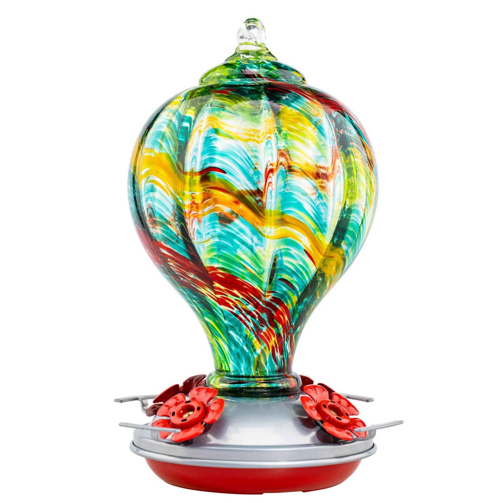 Muse Garden front view of rainbow spirit feeder showing colorful blown glass attracting birds