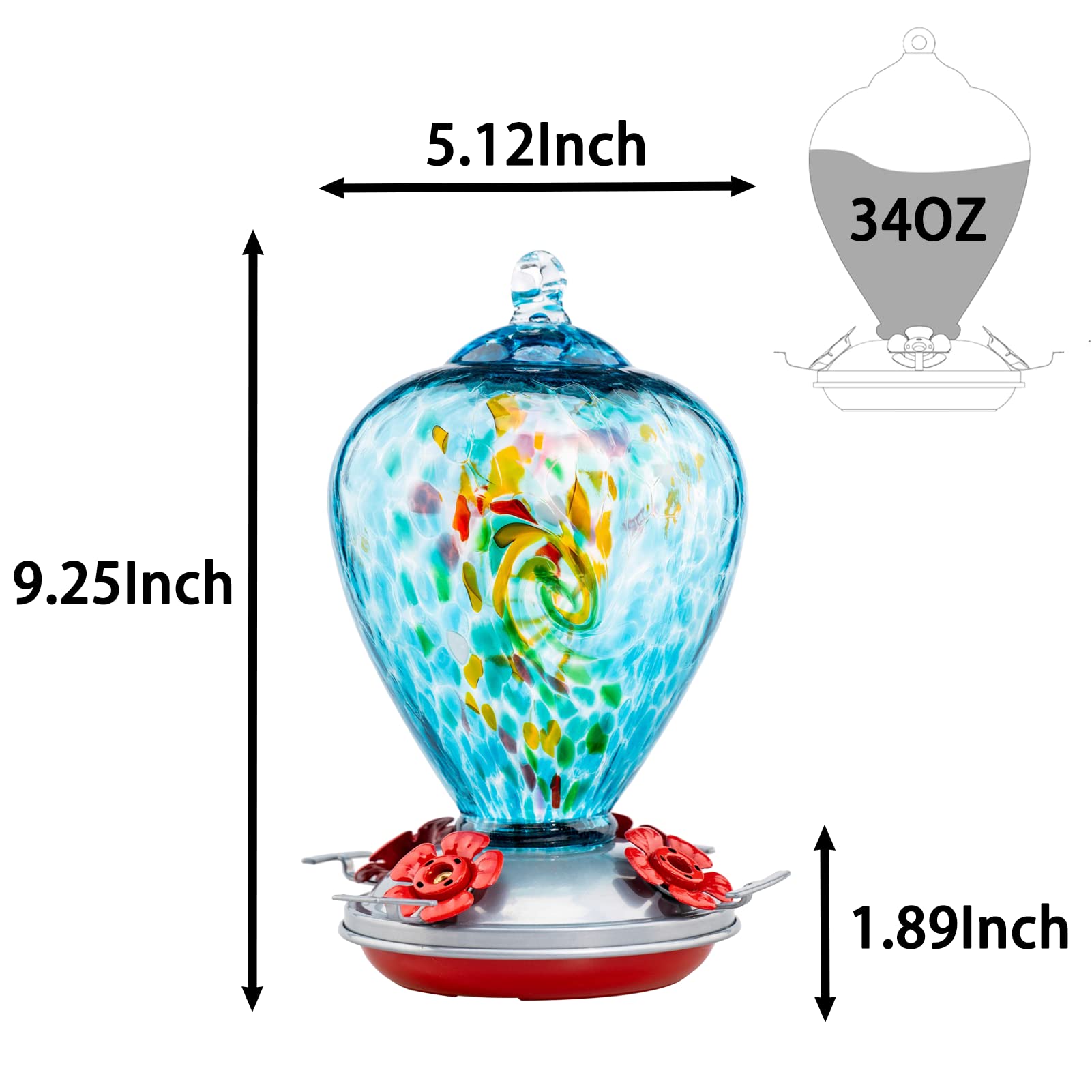 Muse Garden feeder held in hand showing 34-ounce capacity and size comparison
