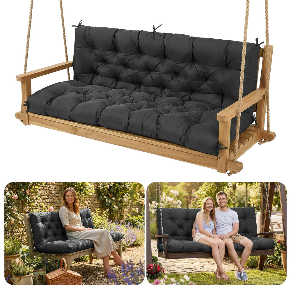 MusyVocay front view of black swing cushion showing sleek weatherproof protection