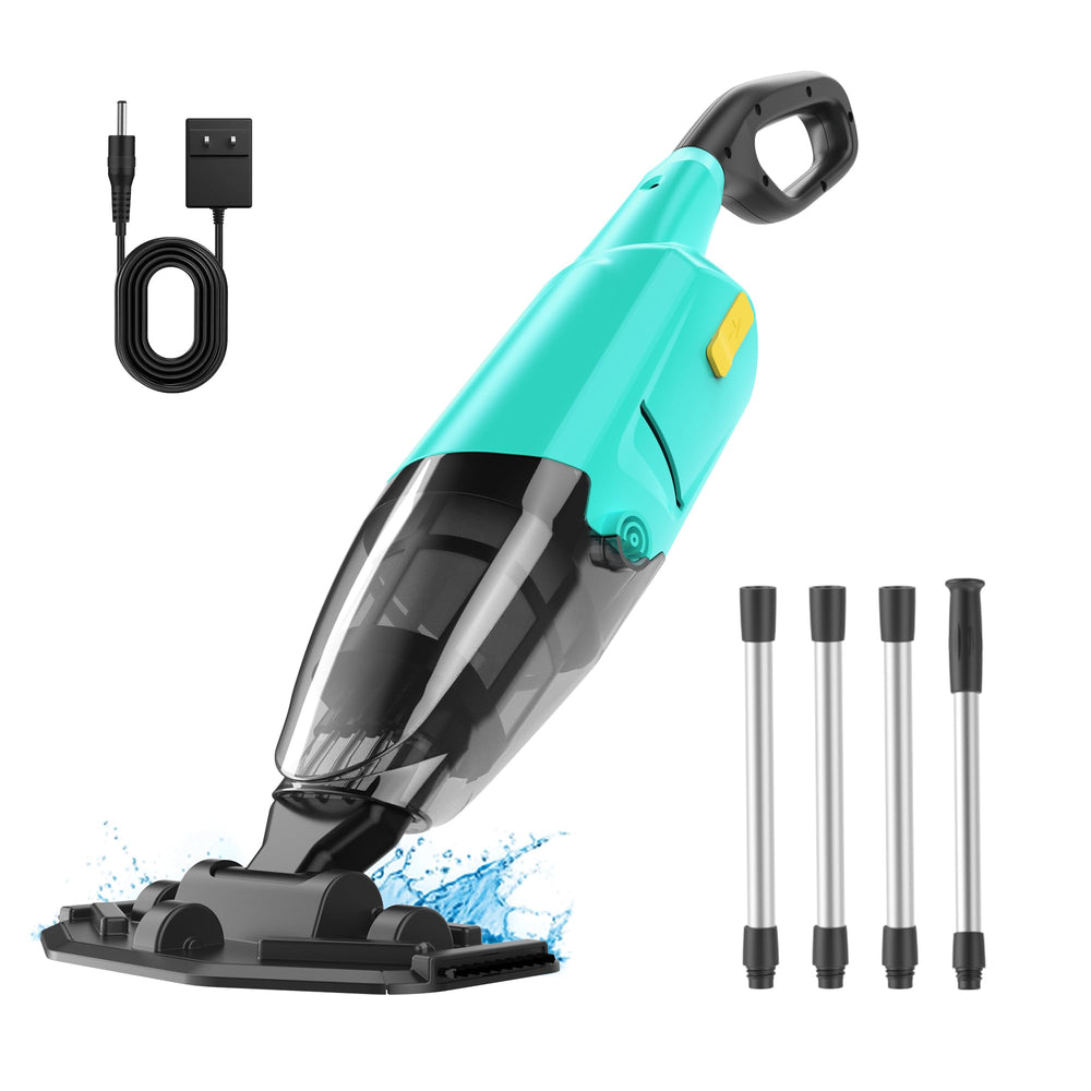 Mutaomay front view of cordless pool vacuum showing compact design and powerful suction benefit