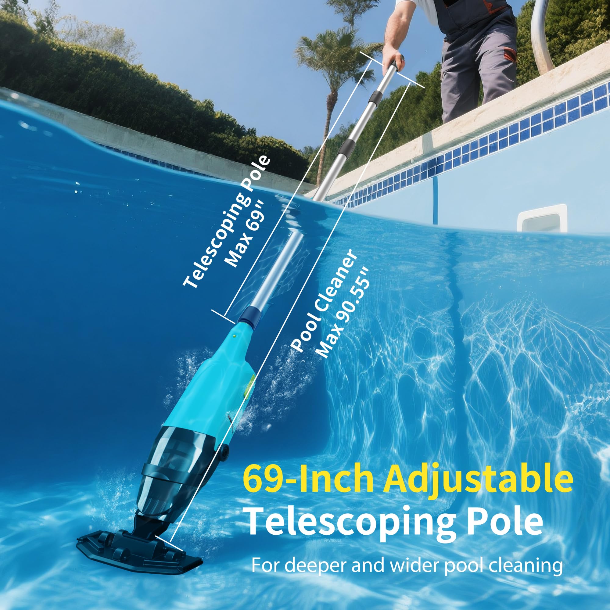 Mutaomay in use on pool stairs illustrating access to tight corners and step cleaning benefit
