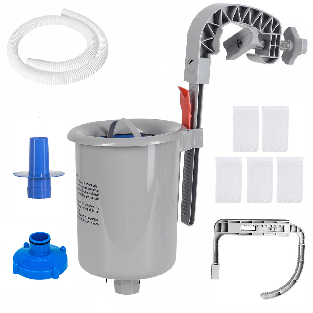 MUWOOB front view of wall-mount skimmer showing secure clamp and basket protecting pump