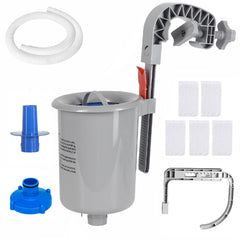 MUWOOB front view of wall-mount skimmer showing secure clamp and basket protecting pump