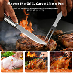 MUYFIO tools in use flipping steak on a grill for controlled, even cooking