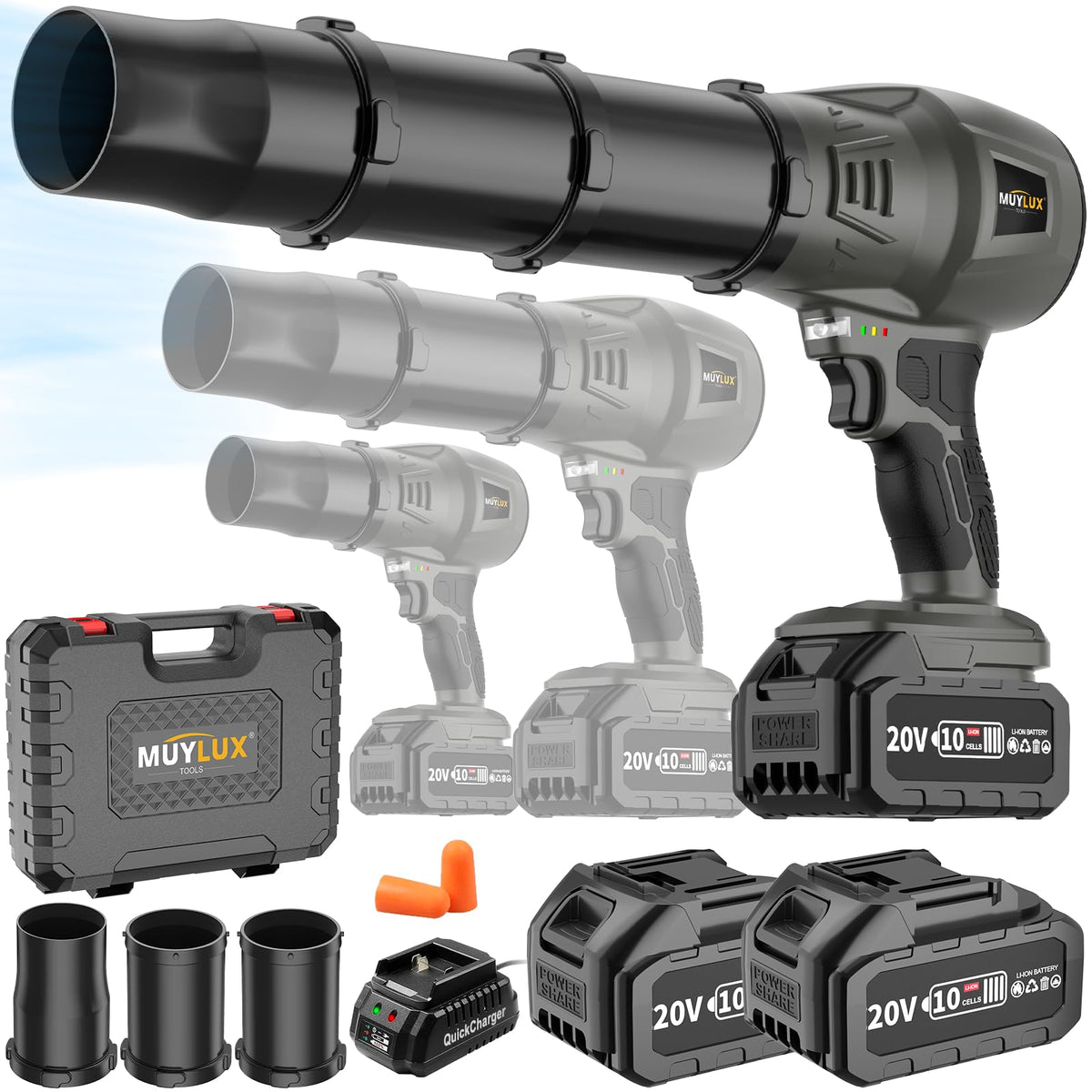 Muylux front view of cordless blower showing compact body and handle for easy use