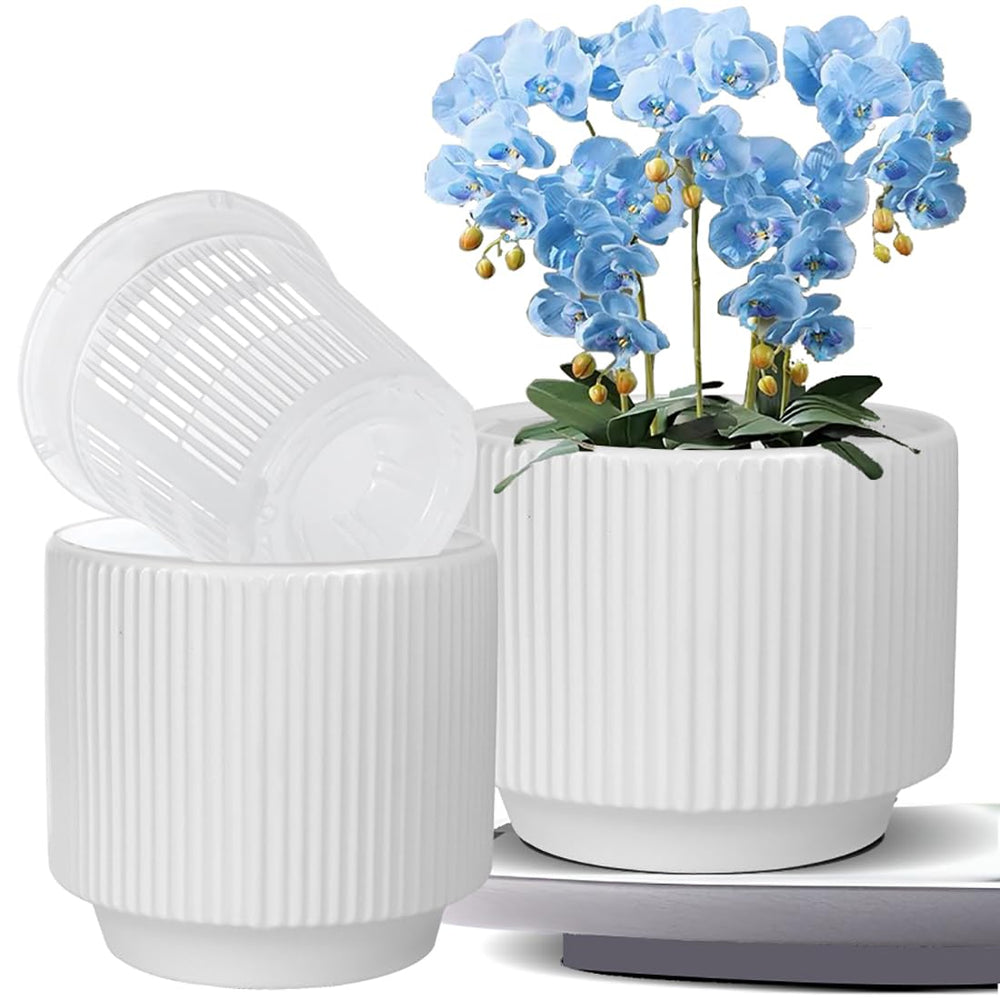 MUZHI ceramic pot front view showing clean stripes and modern look, enhances decor