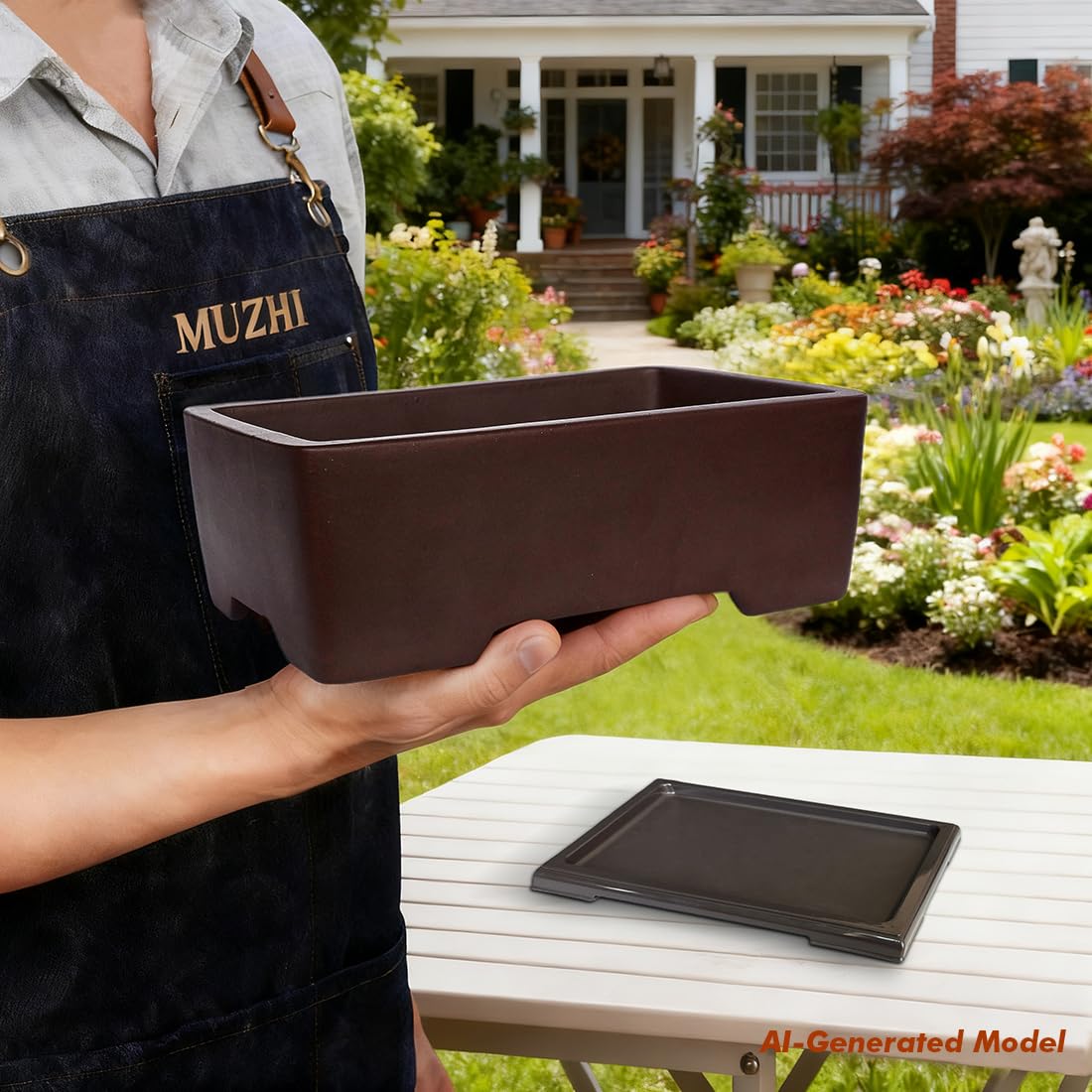 MUZHI pot resting on resin humidity tray capturing excess water for care