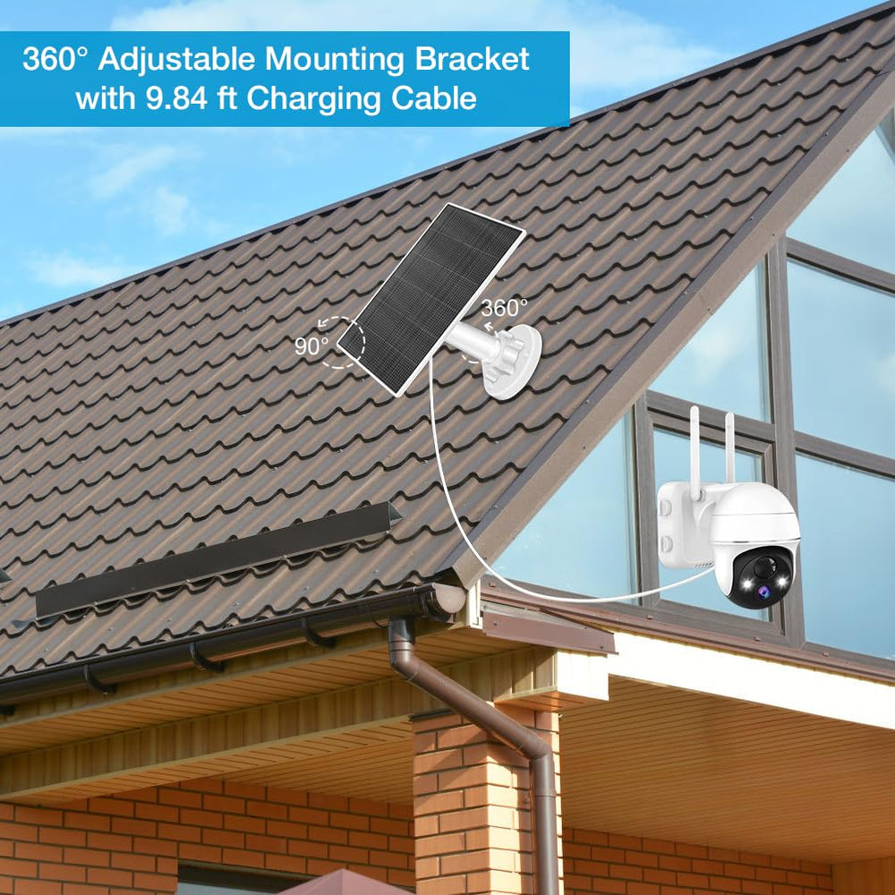 MUZUZZI panel in a garden security scene providing hands-free camera charging and reduced maintenance