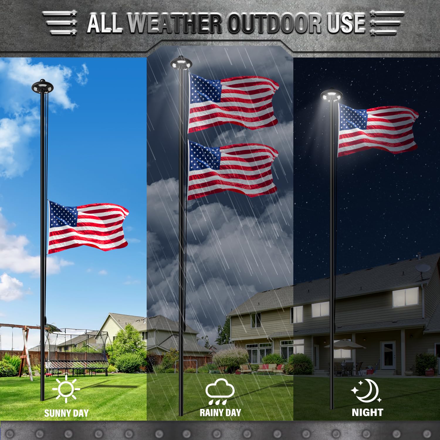 MVPRING flag displayed at night with solar lighting, improves visibility after dusk