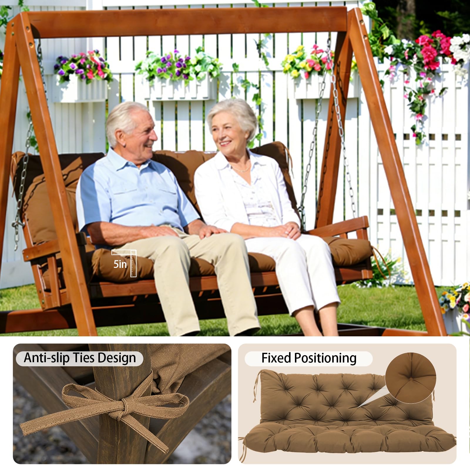 MVRFN cushion installed on porch swing demonstrating secure fit and comfort