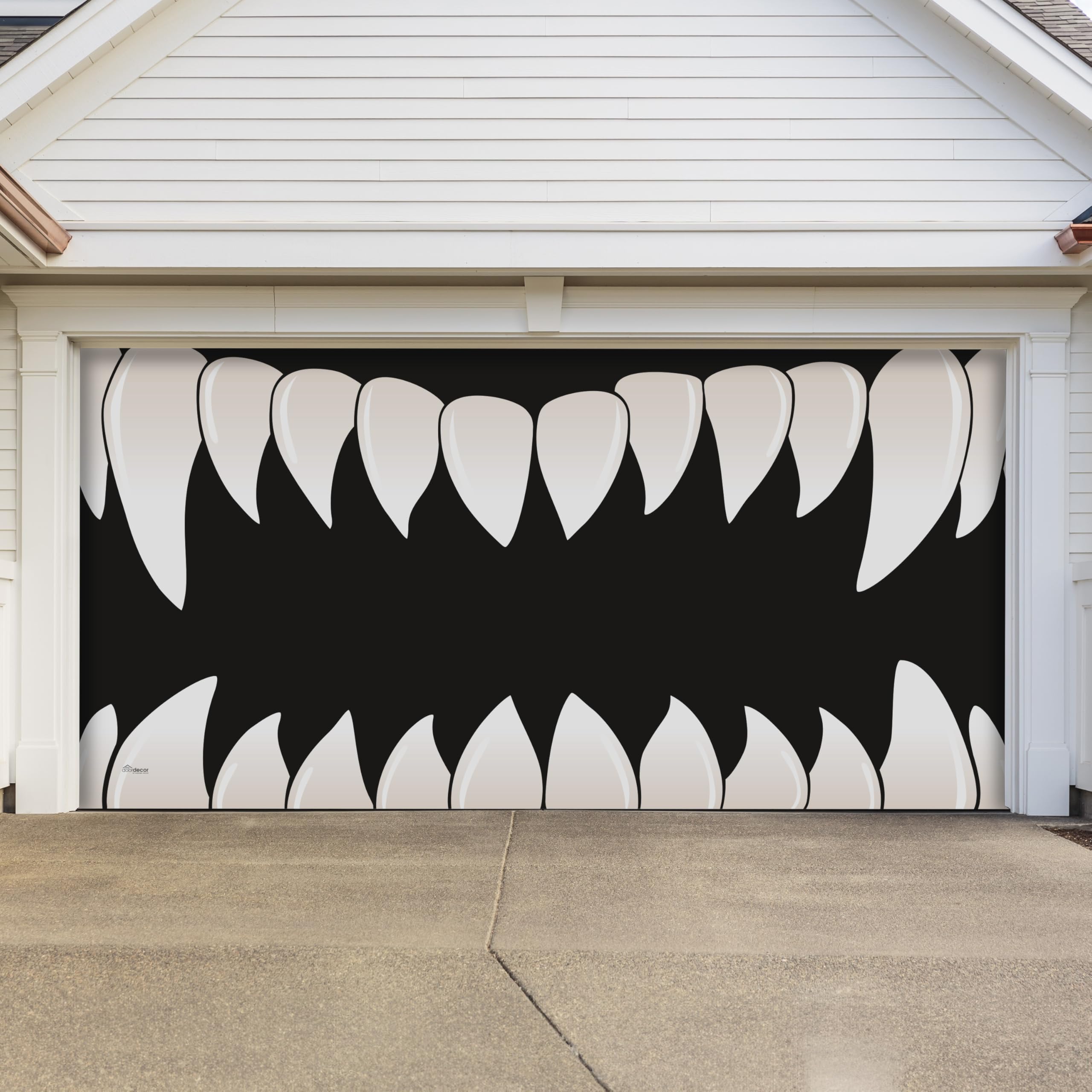 My Door Decor front view of scary teeth banner showing dramatic curb appeal