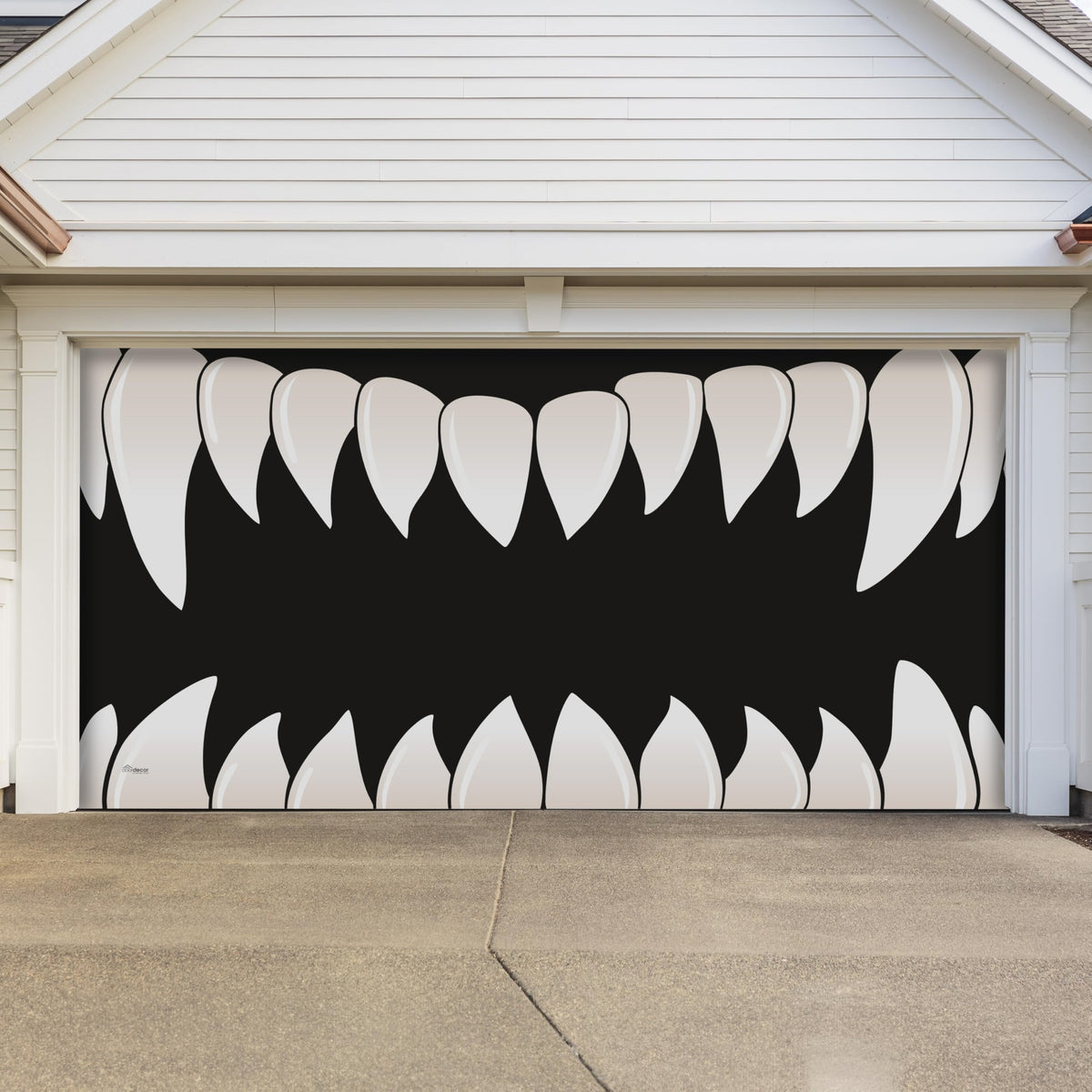 My Door Decor front view of scary teeth banner showing dramatic curb appeal