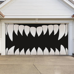 My Door Decor front view of scary teeth banner showing dramatic curb appeal