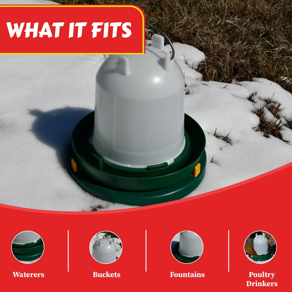 My Favorite Chicken base next to a 5-gallon waterer showing size and compatibility benefit