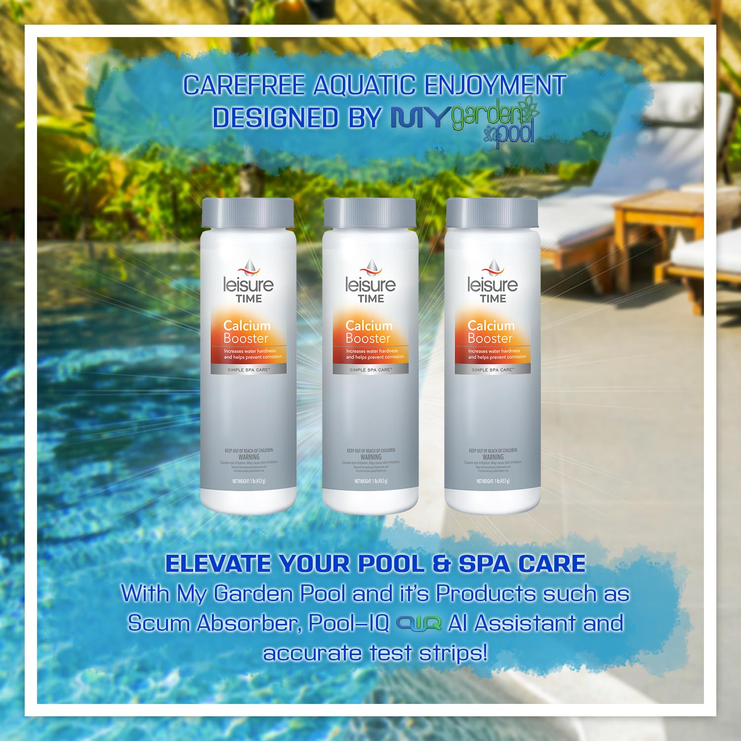 My Garden Pool calcium booster packet close-up highlighting precise dosing advantage