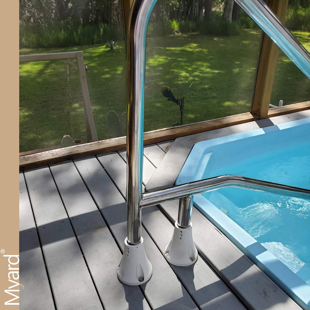 Myard flange secured to wood deck over joist for strong, reliable anchoring