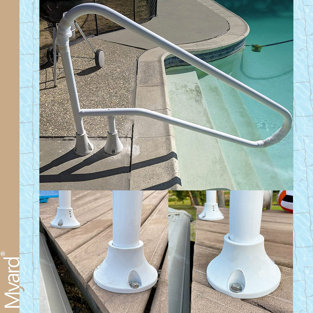 Myard handrail installed by a pool illustrating corrosion-resistant outdoor use