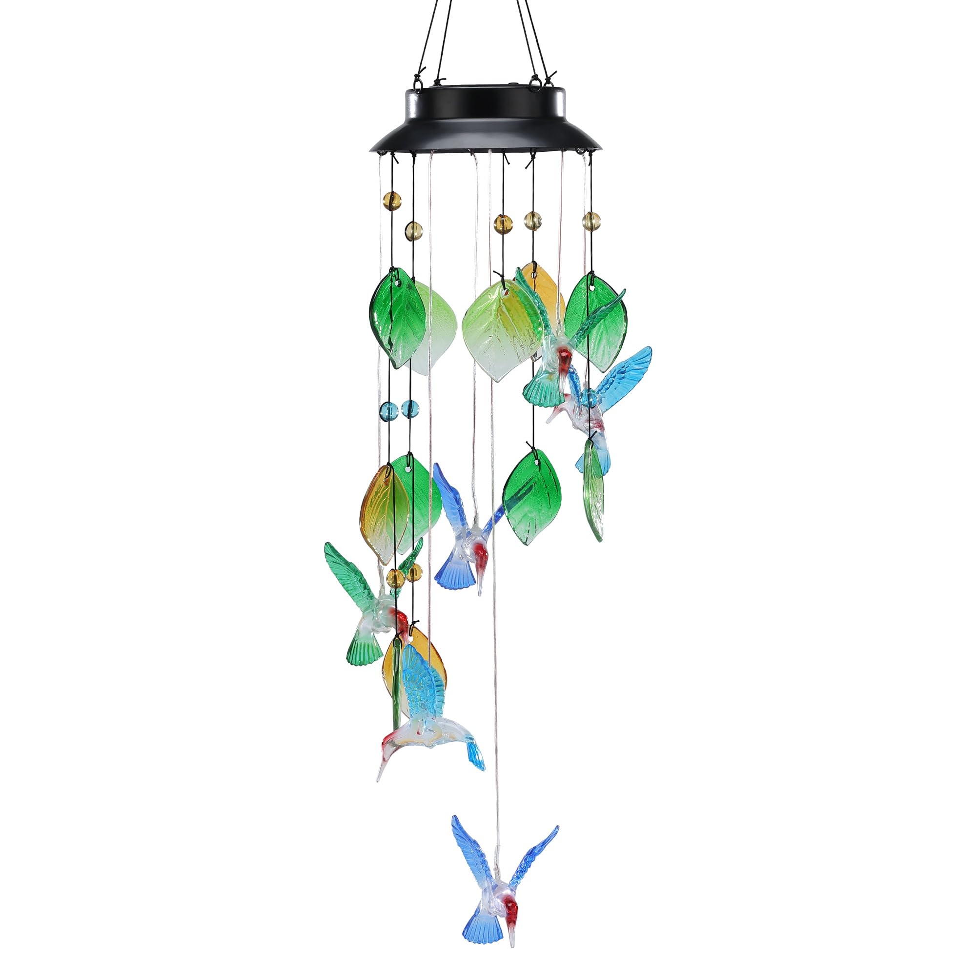MYCRLIFE front view of wind chime showing hummingbirds and glass leaves, decorative curb appeal