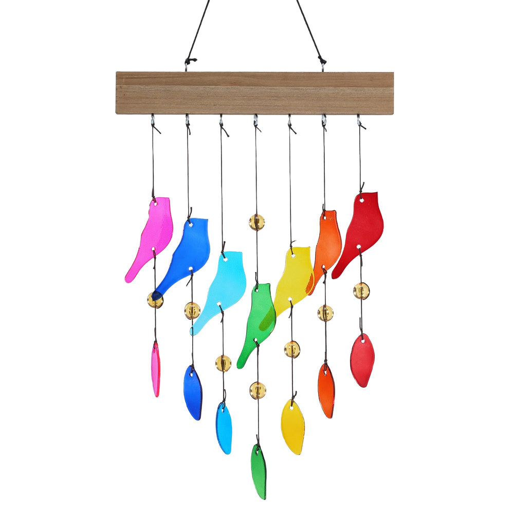MYCRLIFE front view showing rainbow glass birds and wood top for colorful decor