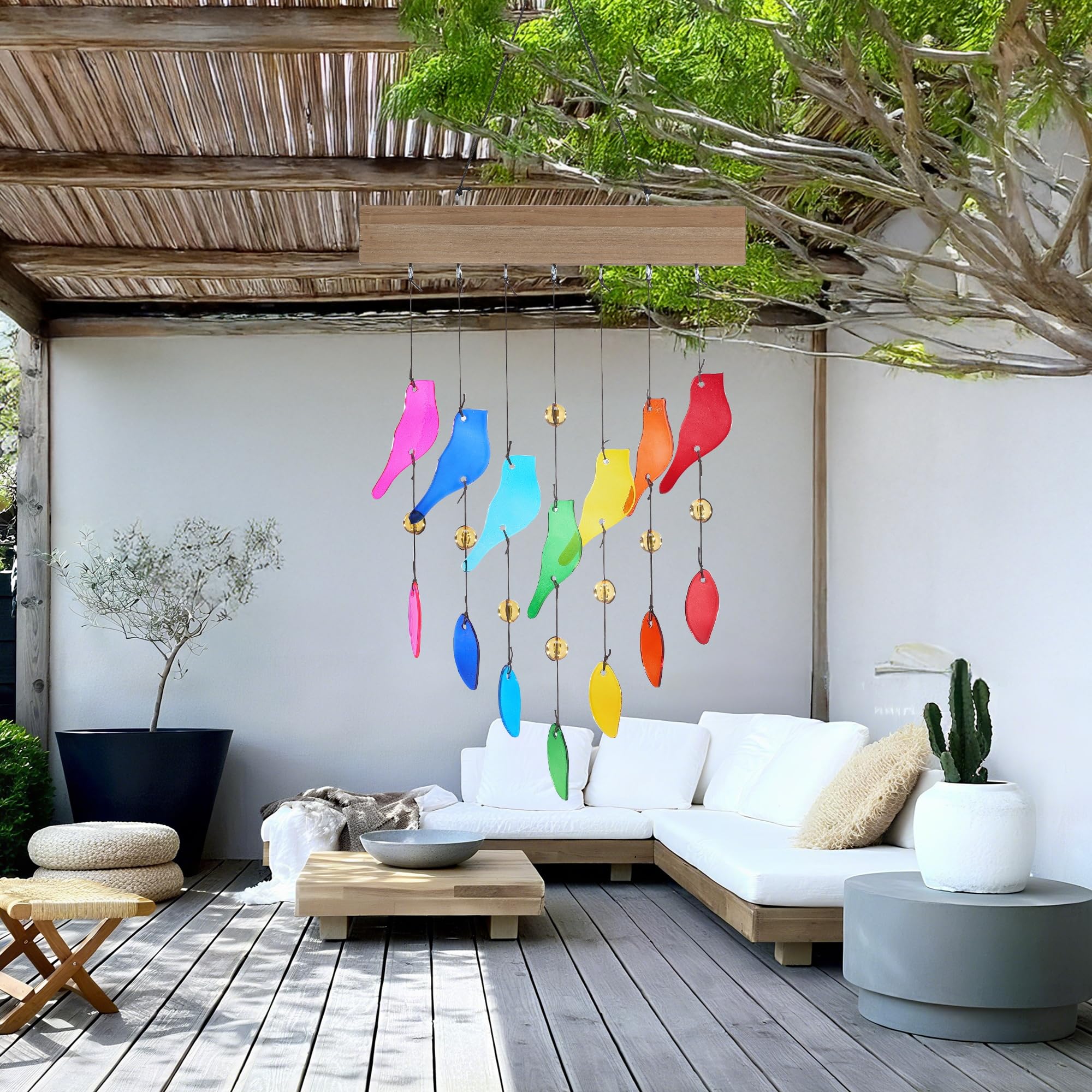 MYCRLIFE chime hanging on a covered porch adding color and gentle sound
