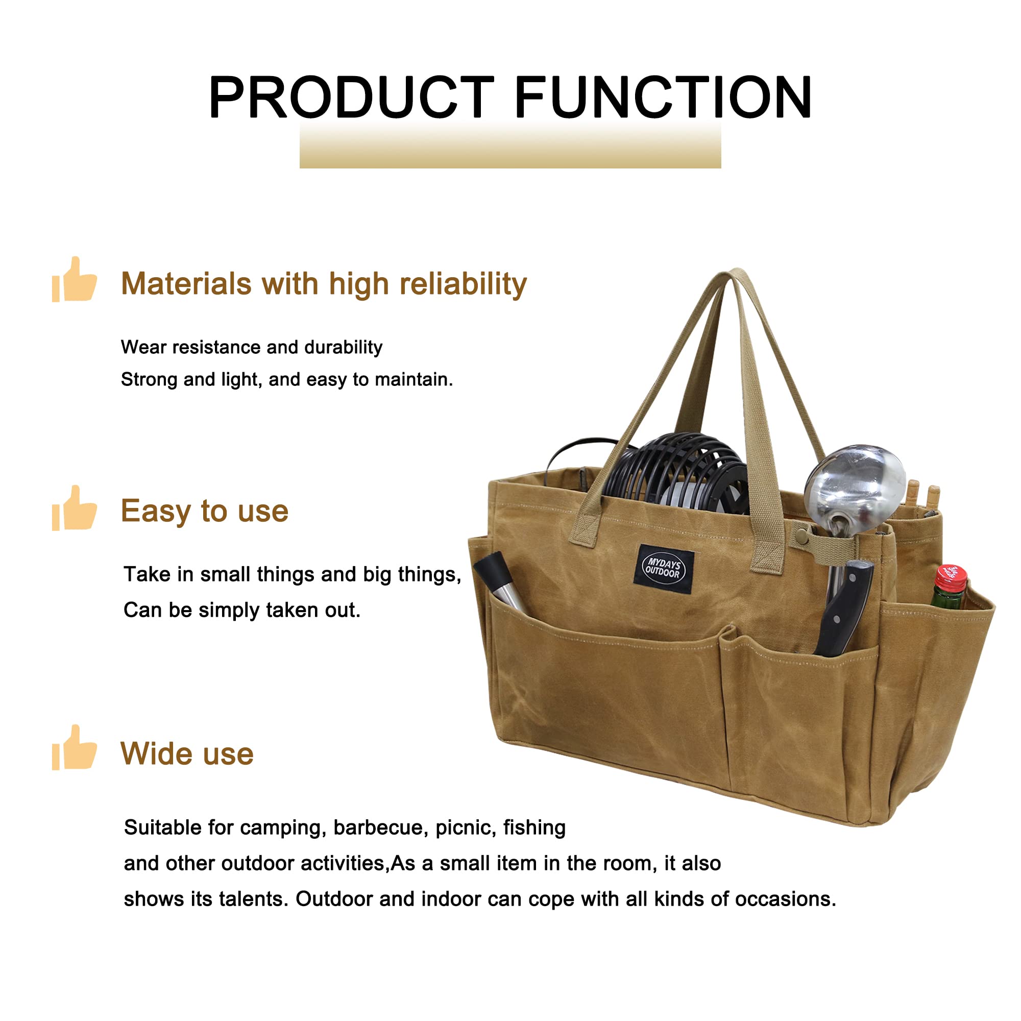 MYDAYS OUTDOOR tote filled with firewood demonstrating high capacity