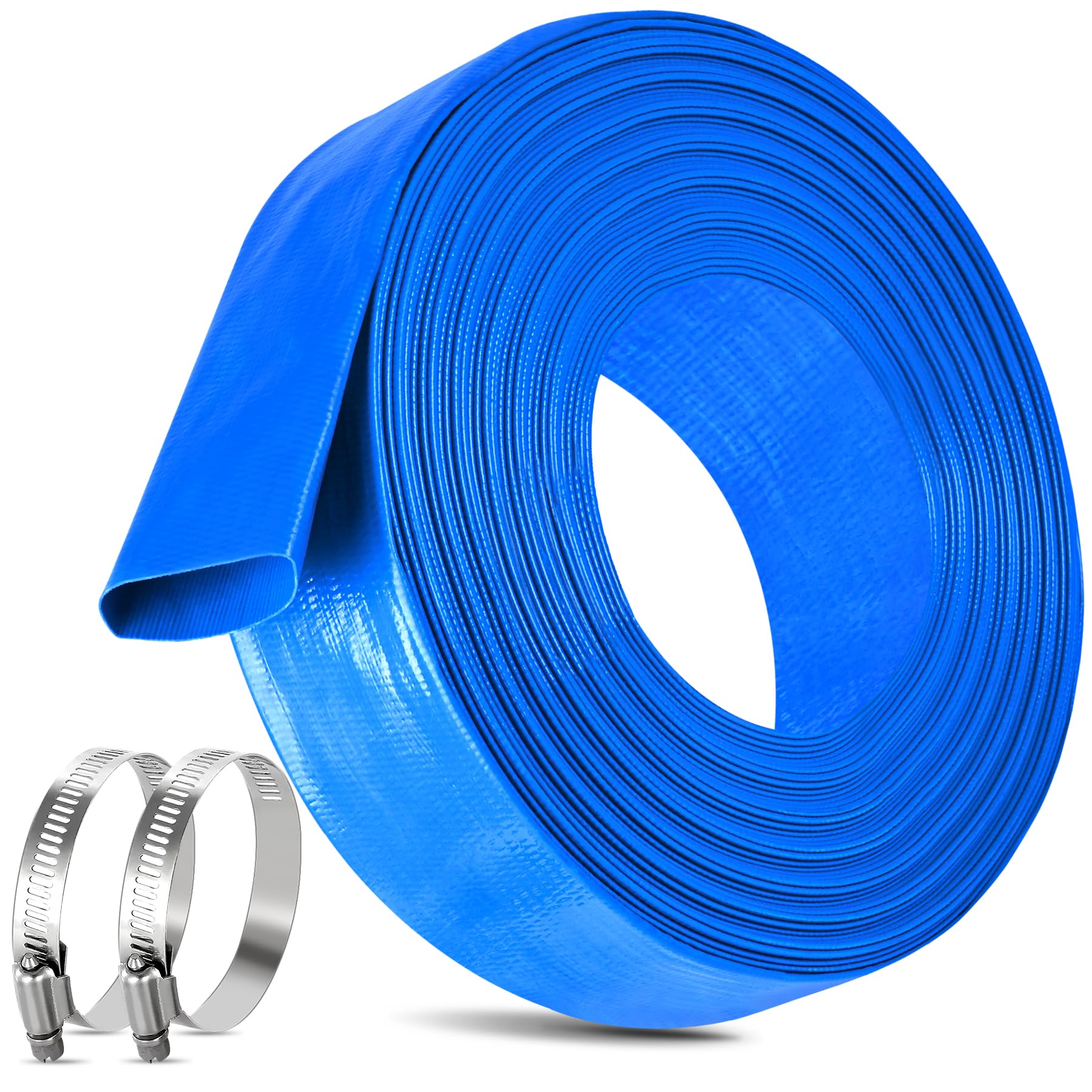 MYFAMIREA front view of 60ft blue layflat hose showing length and fittings for simple setup